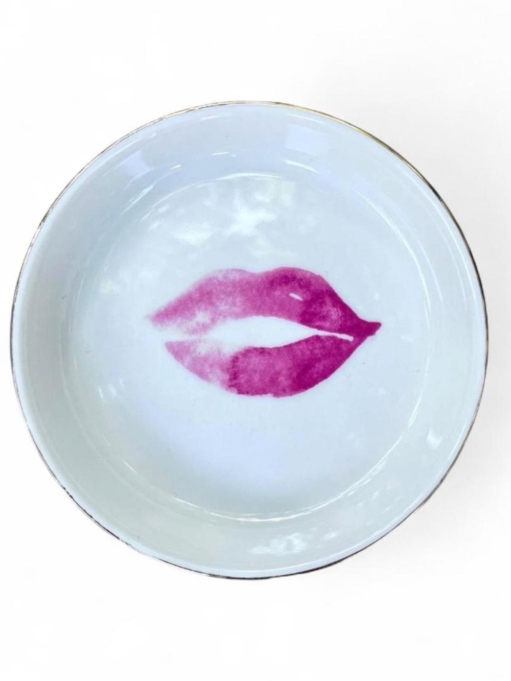 Vintage Lipstick Kiss Small Ceramic Trinket Dish With Gold Trim - 4” Across